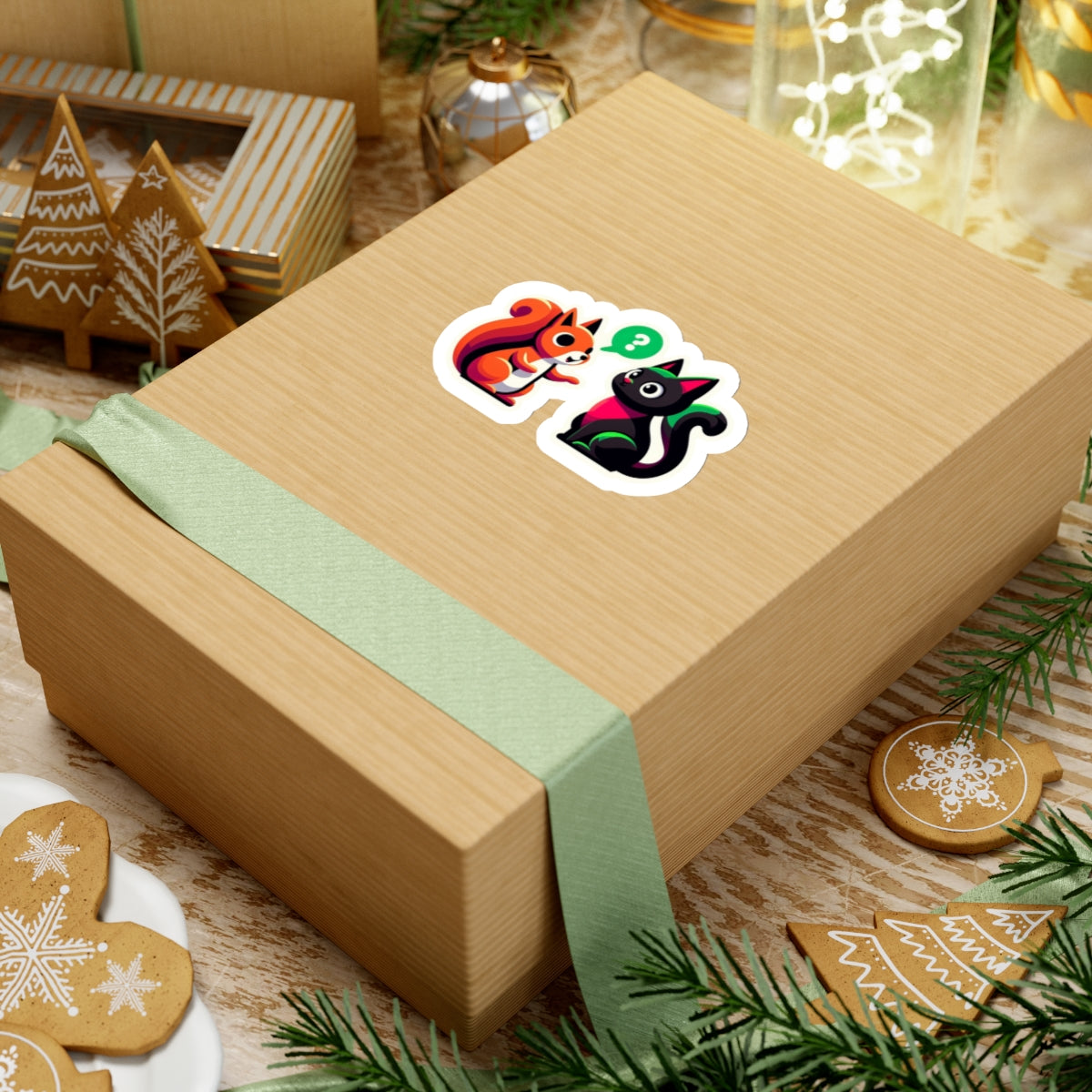 A chatty squirrel and a black cat, Kiss-Cut Stickers