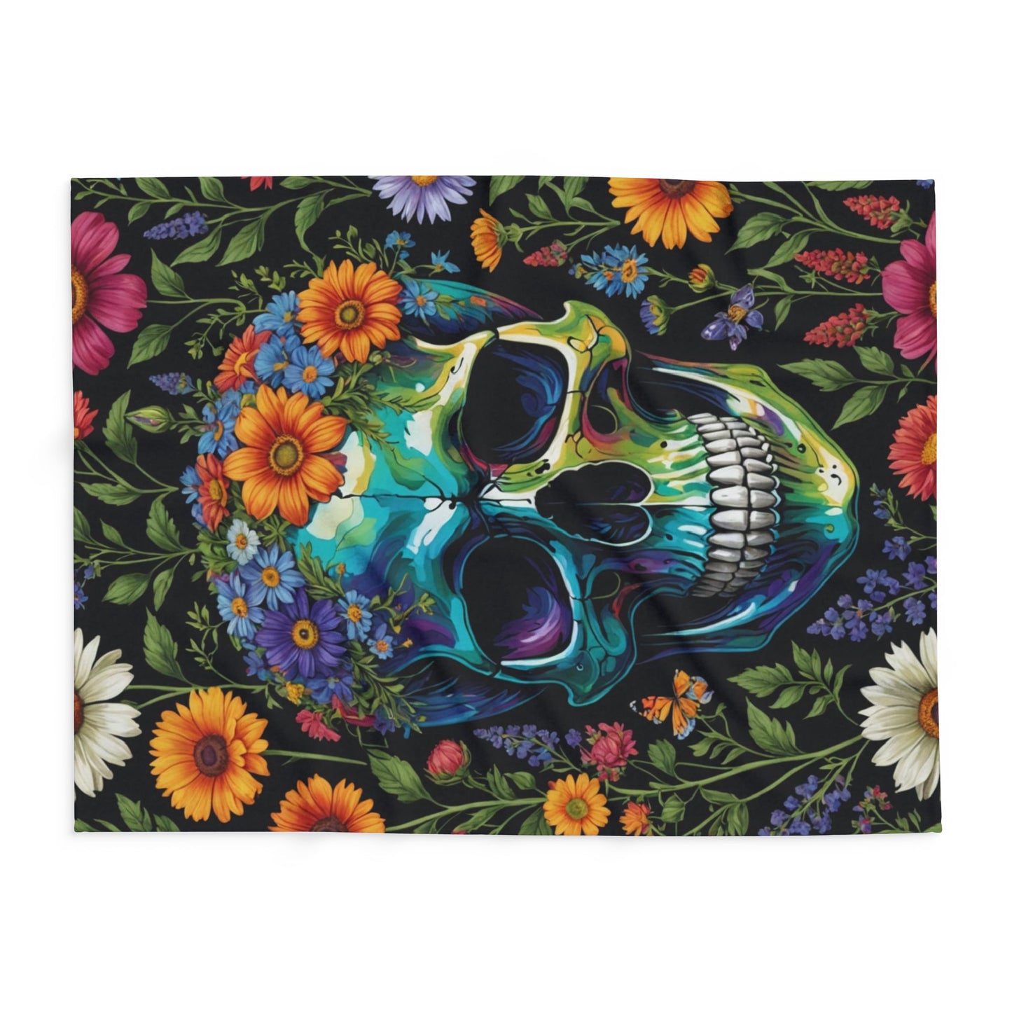 Skull in wildflowers Arctic Fleece Blanket