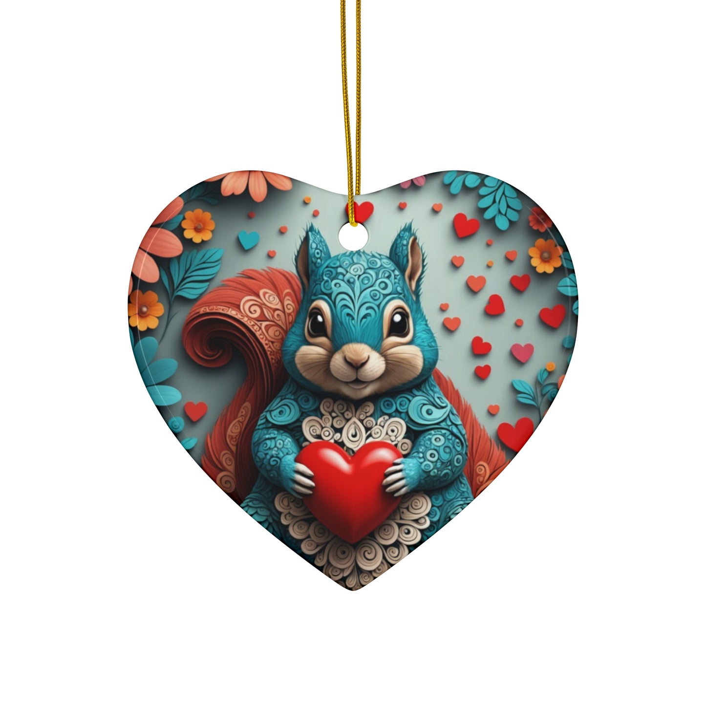 Woodcut Loving Squirrel Ceramic Ornament, 4 Shapes