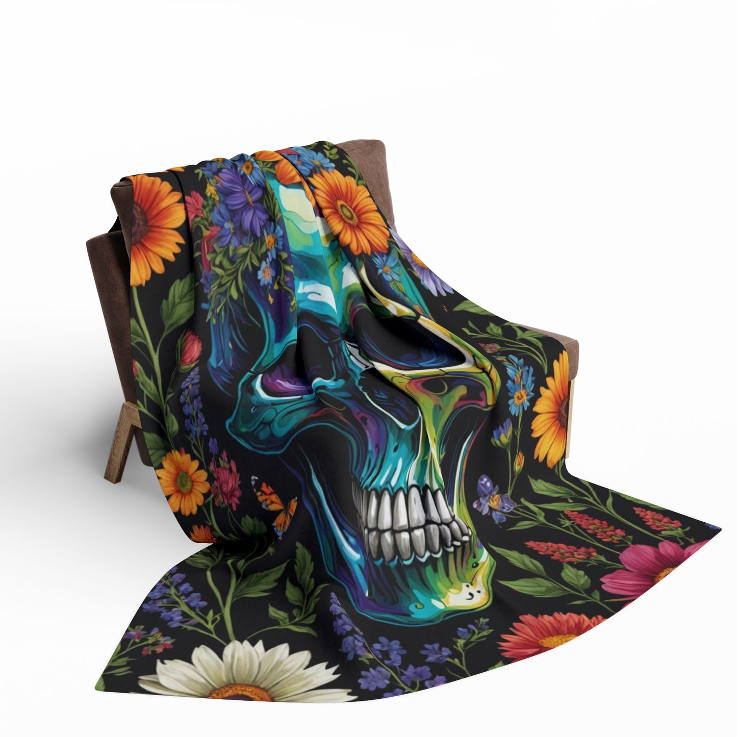 Skull in wildflowers Arctic Fleece Blanket
