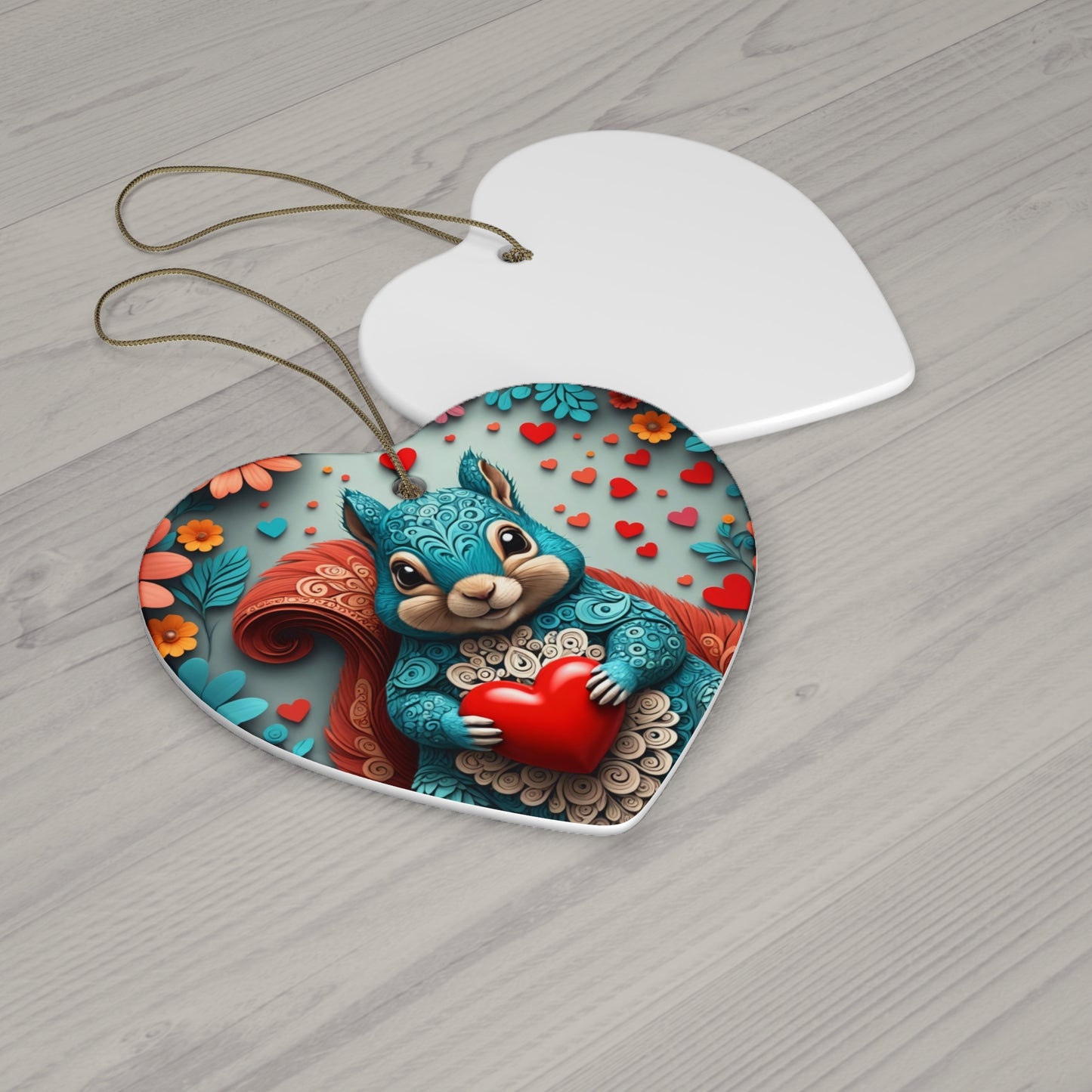 Woodcut Loving Squirrel Ceramic Ornament, 4 Shapes