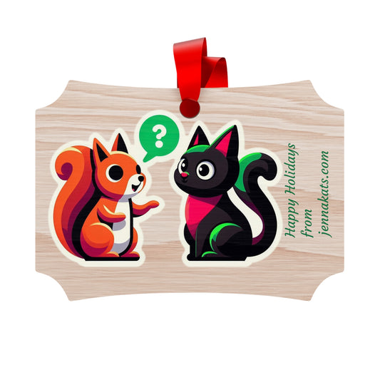 A chatty squirrel and a black cat wish you a happy holiday season. Jenna Kats' Berlin Plywood Ornaments