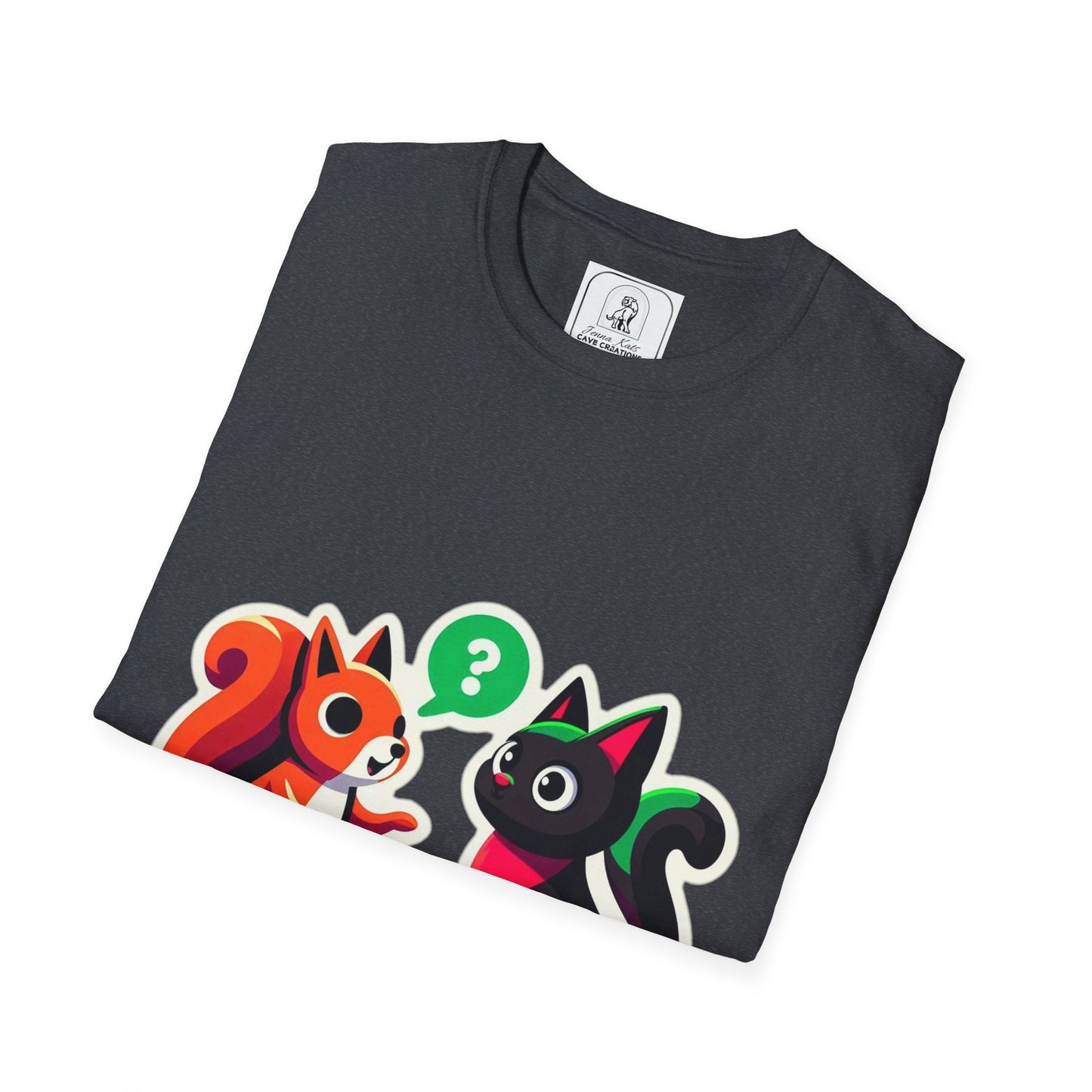 A chatty squirrel and a black cat, Unisex Softstyle T-Shirt