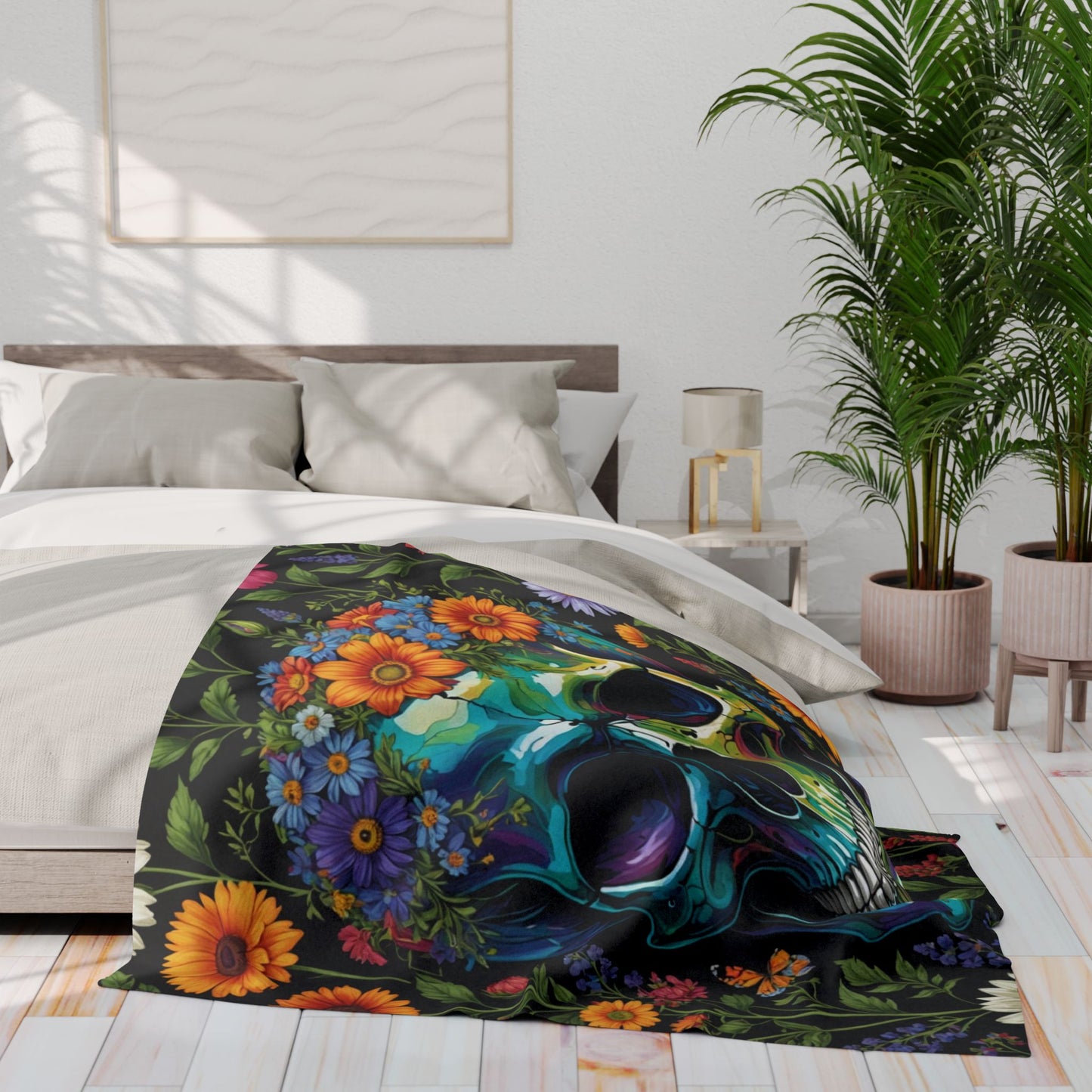Skull in wildflowers Arctic Fleece Blanket