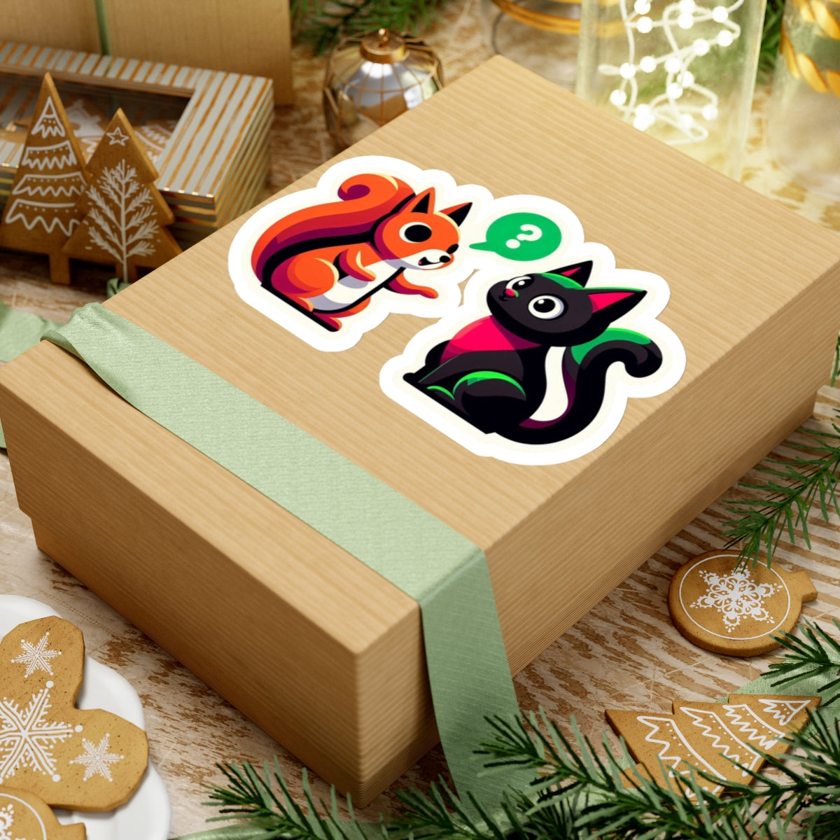 A chatty squirrel and a black cat, Kiss-Cut Stickers