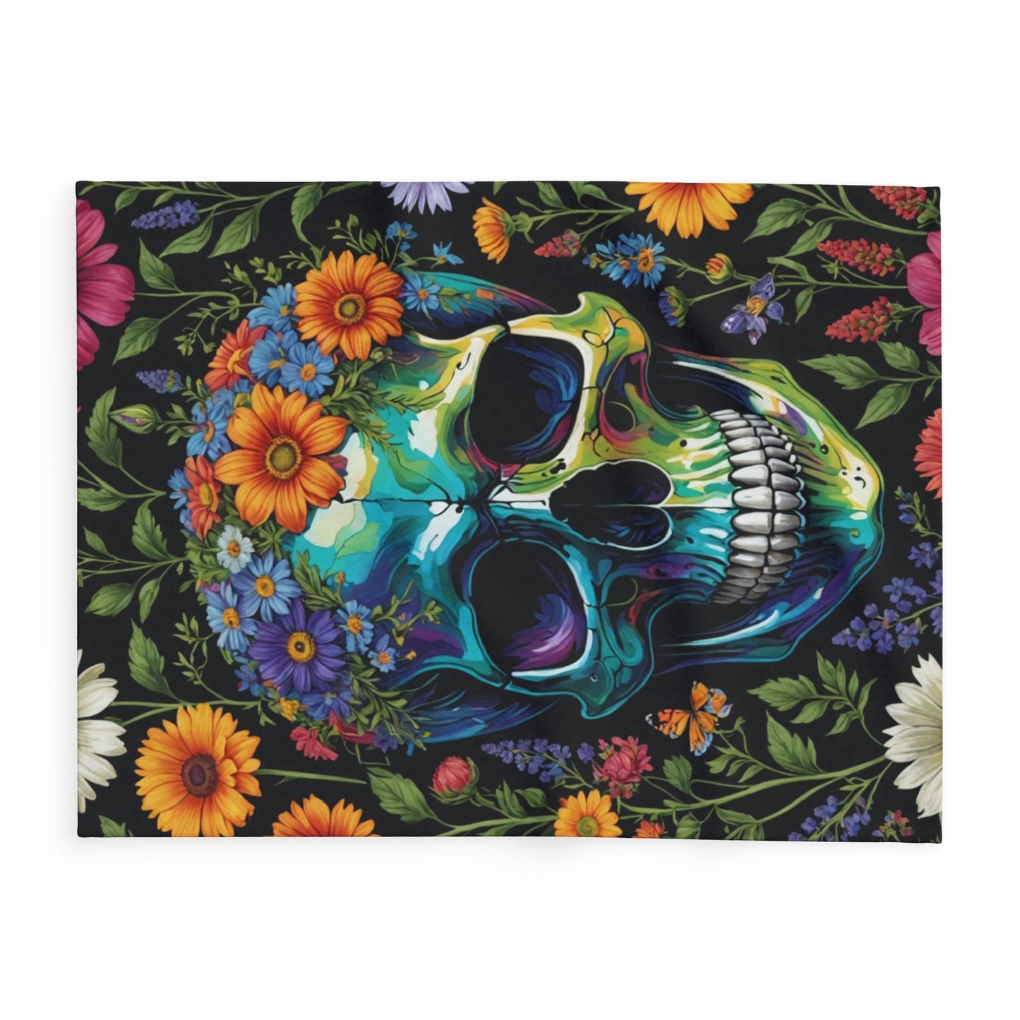 Skull in wildflowers Arctic Fleece Blanket