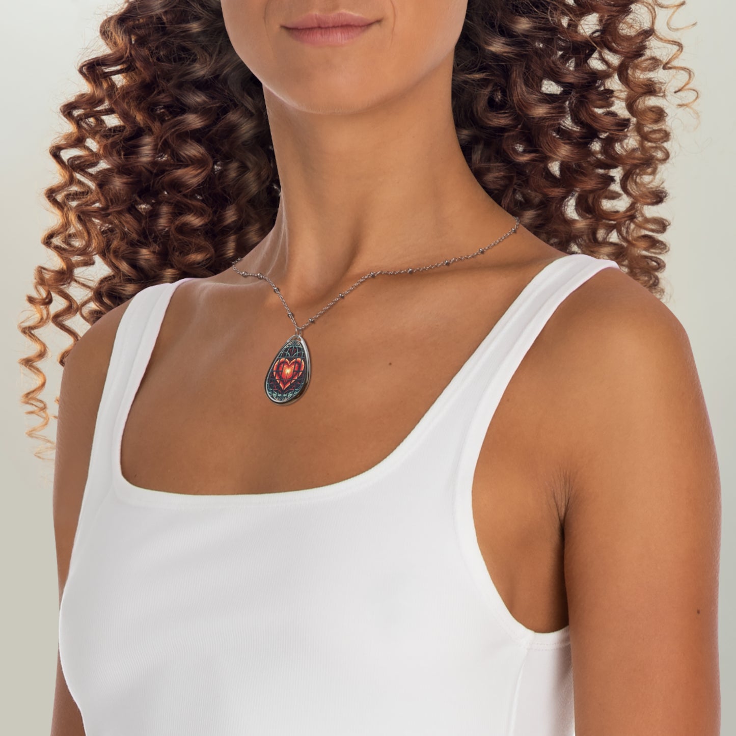 Caged Heart Geometric Oval Necklace — Pendant with Modern Heart Cage Design