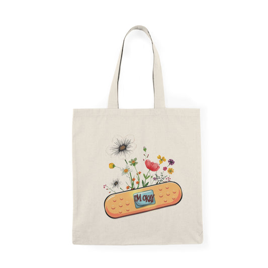 Floral Band-Aid "I Am Okay'' Tote Bag | Eco-Friendly Shopper, Gift for Her, Vintage Style Market Bag, Reusable Grocery Bag, Everyday Carryall