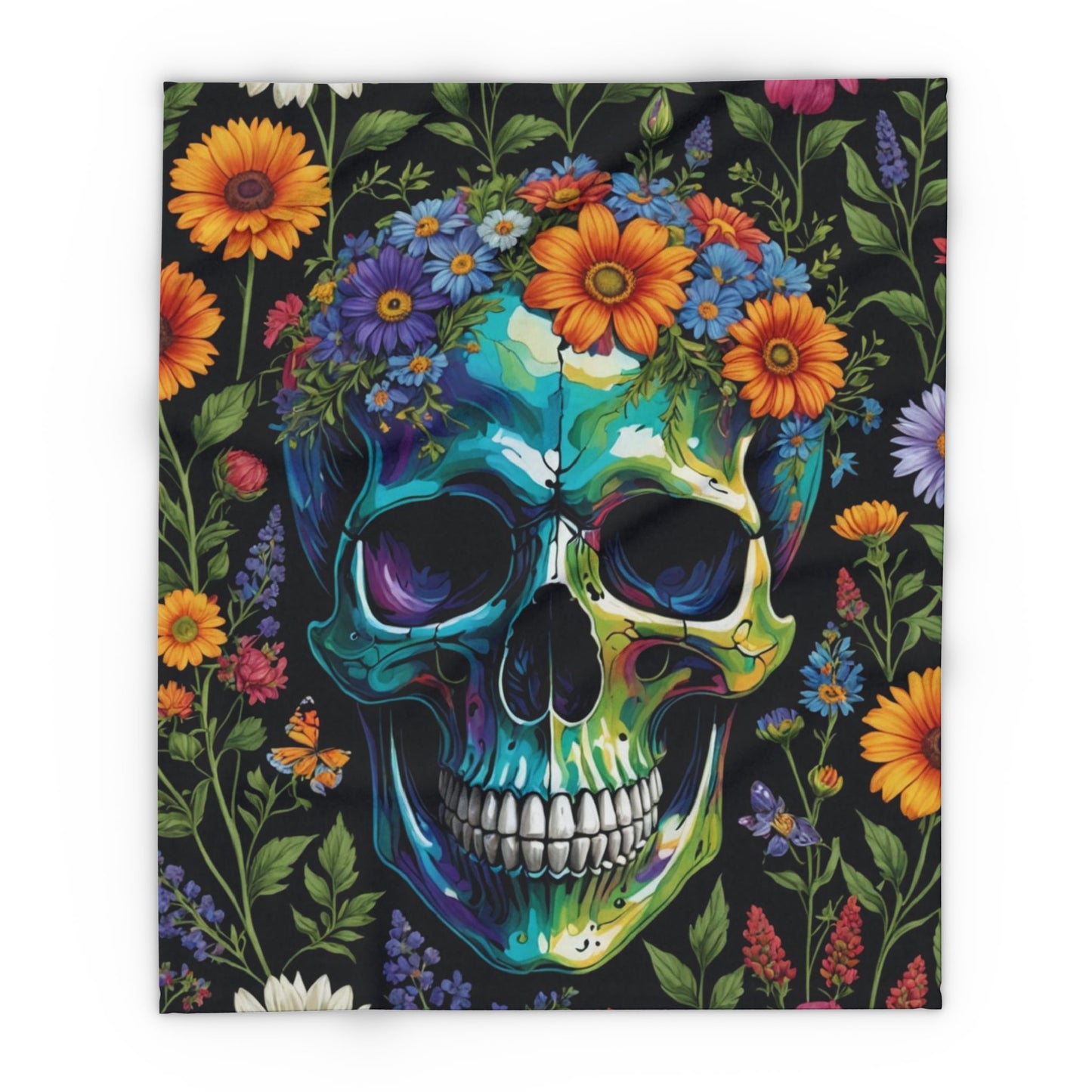 Skull in wildflowers Arctic Fleece Blanket