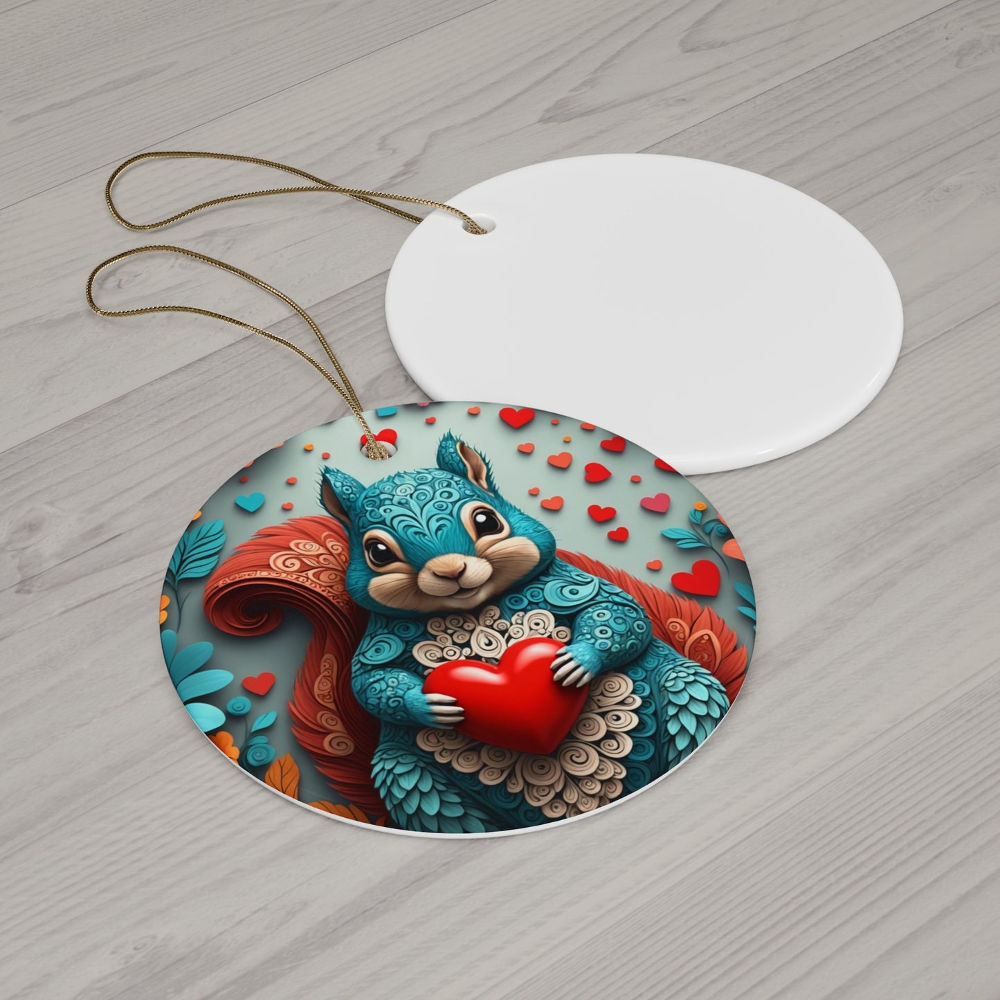 Woodcut Loving Squirrel Ceramic Ornament, 4 Shapes