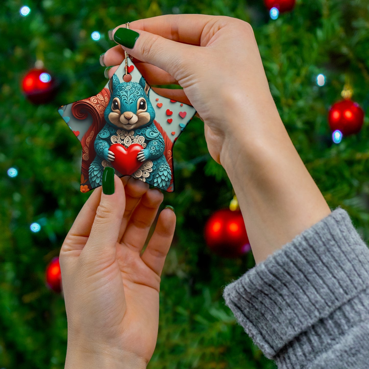 Woodcut Loving Squirrel Ceramic Ornament, 4 Shapes