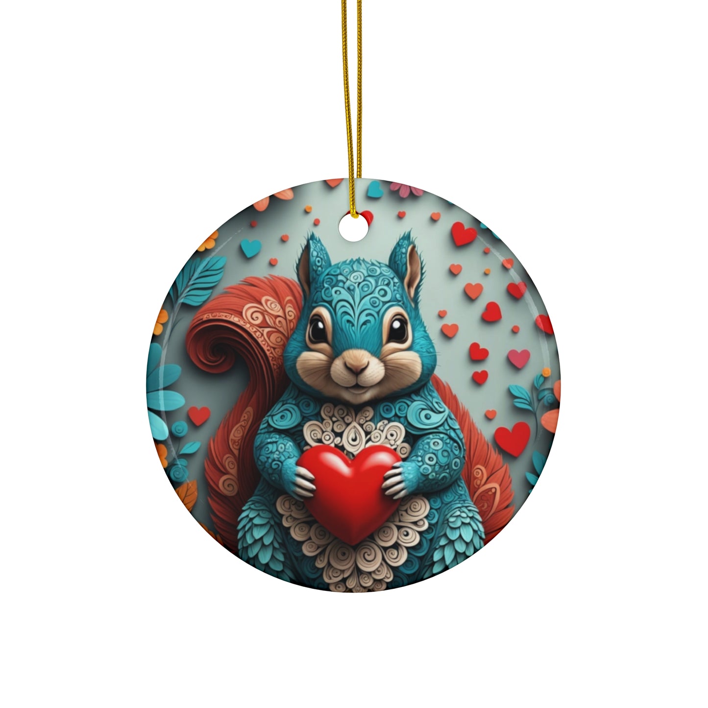 Woodcut Loving Squirrel Ceramic Ornament, 4 Shapes