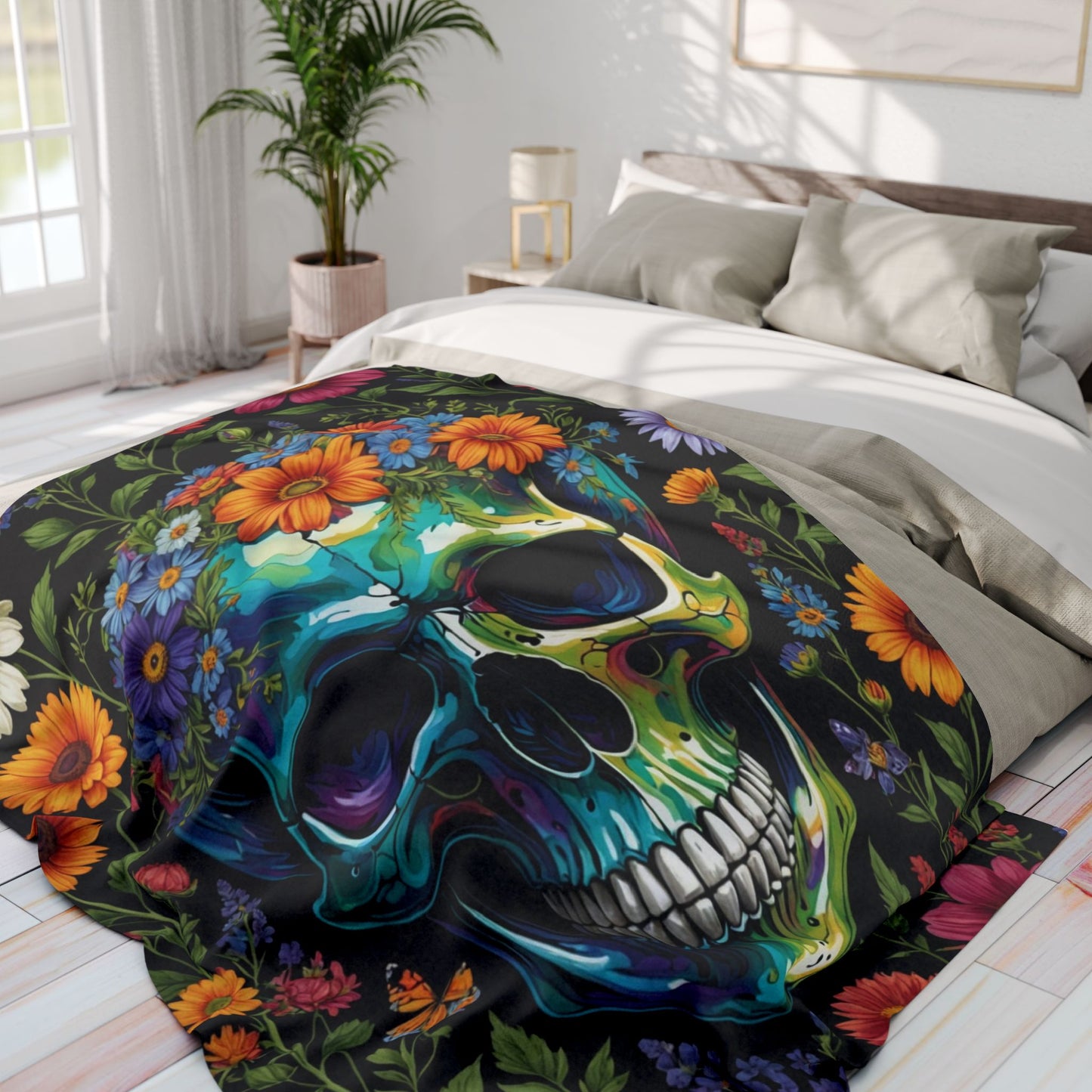 Skull in wildflowers Arctic Fleece Blanket