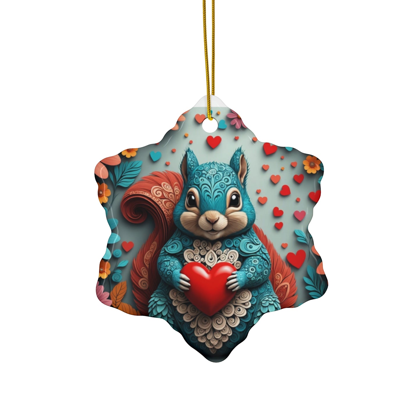 Woodcut Loving Squirrel Ceramic Ornament, 4 Shapes
