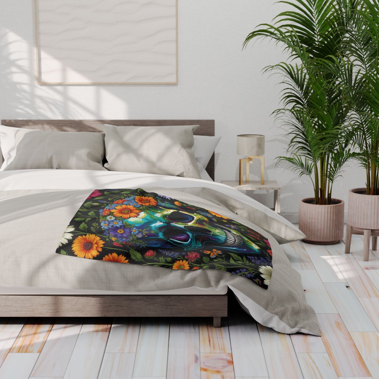 Skull in wildflowers Arctic Fleece Blanket