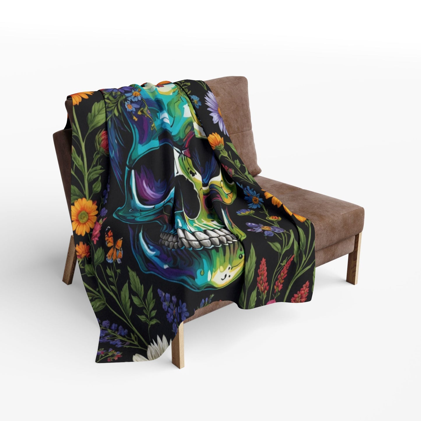 Skull in wildflowers Arctic Fleece Blanket