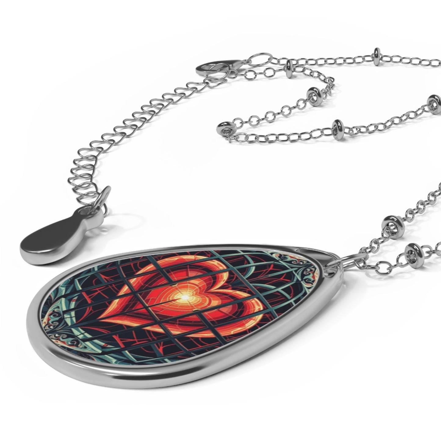 Caged Heart Geometric Oval Necklace — Pendant with Modern Heart Cage Design