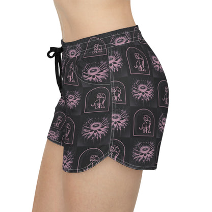 " Purple Daisy Checkered with Cave Kat'' Women's Casual Shorts