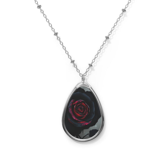 Oval Teardrop Pendant Necklace — Dark Red Rose Teardrop Necklace