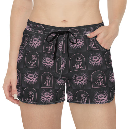 " Purple Daisy Checkered with Cave Kat'' Women's Casual Shorts