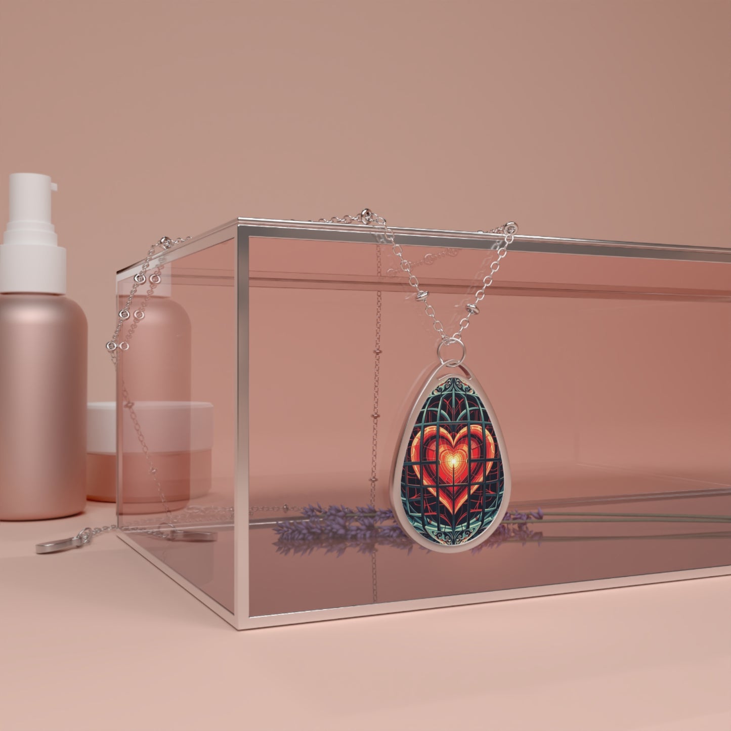 Caged Heart Geometric Oval Necklace — Pendant with Modern Heart Cage Design