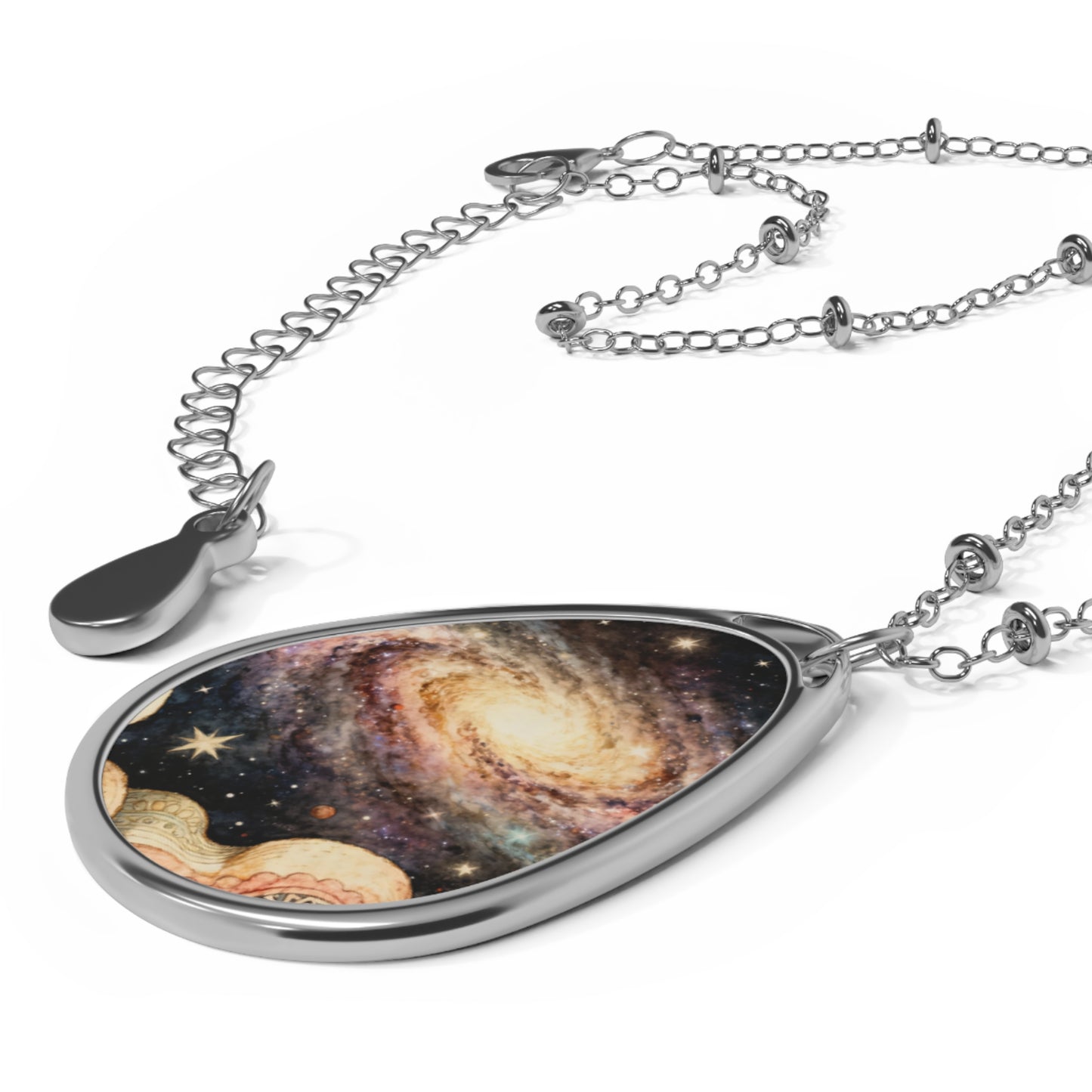 Galaxy Oval Pendant Necklace — Space Planet Teardrop Jewelry