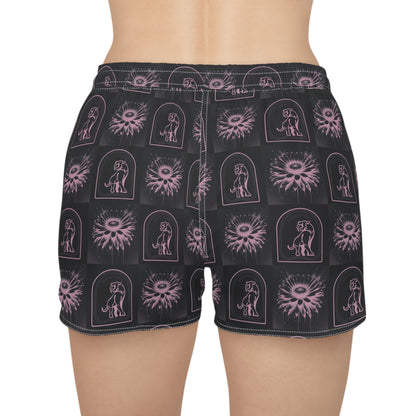 " Purple Daisy Checkered with Cave Kat'' Women's Casual Shorts