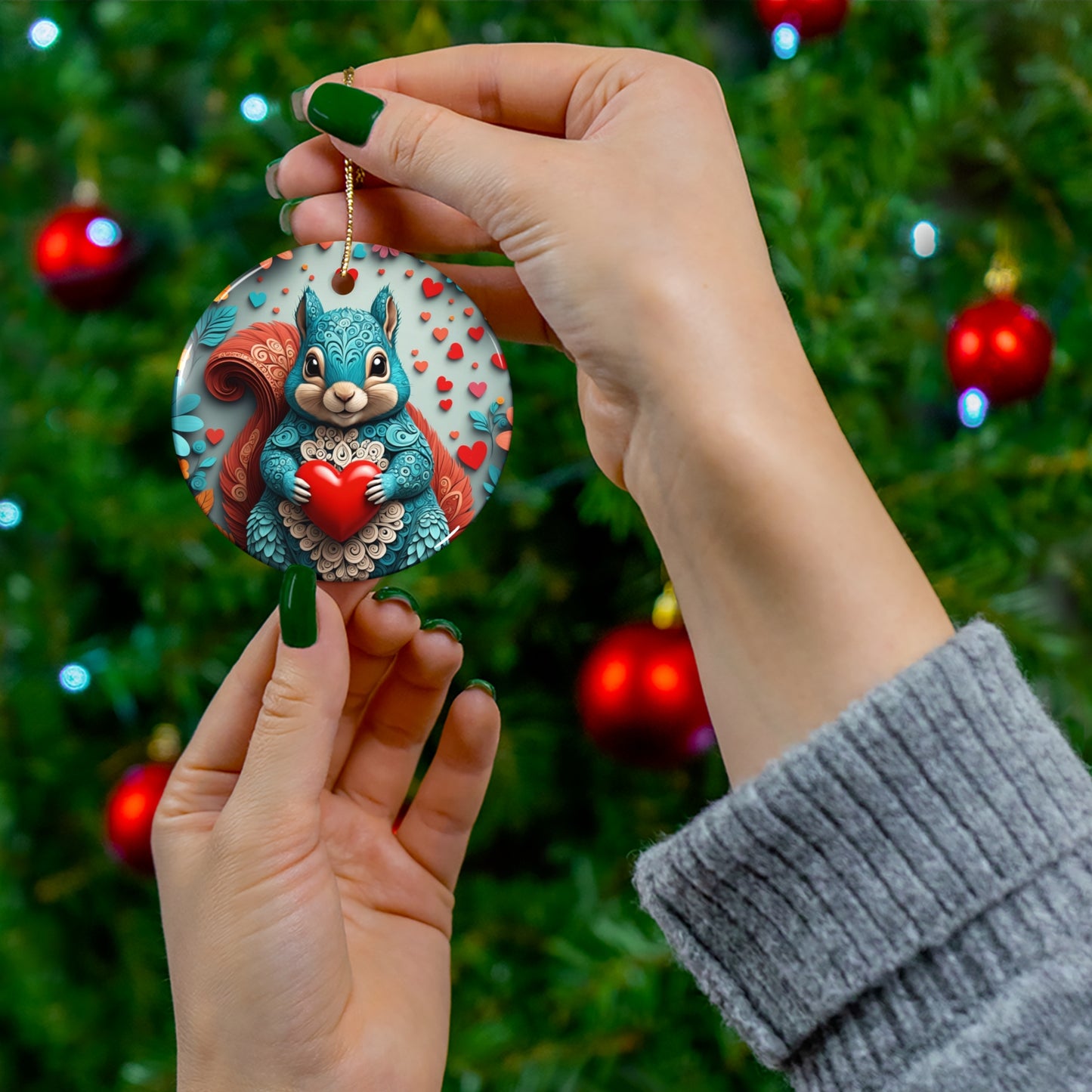 Woodcut Loving Squirrel Ceramic Ornament, 4 Shapes